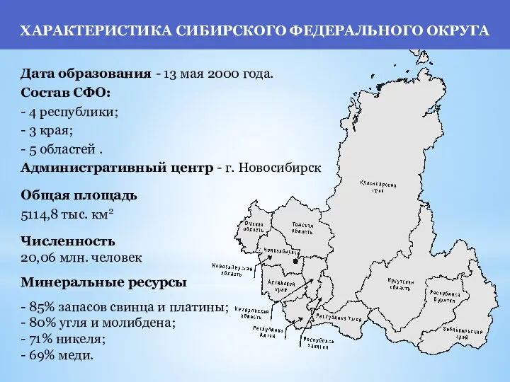 ХАРАКТЕРИСТИКА СИБИРСКОГО ФЕДЕРАЛЬНОГО ОКРУГА Дата образования - 13 мая 2000 года.