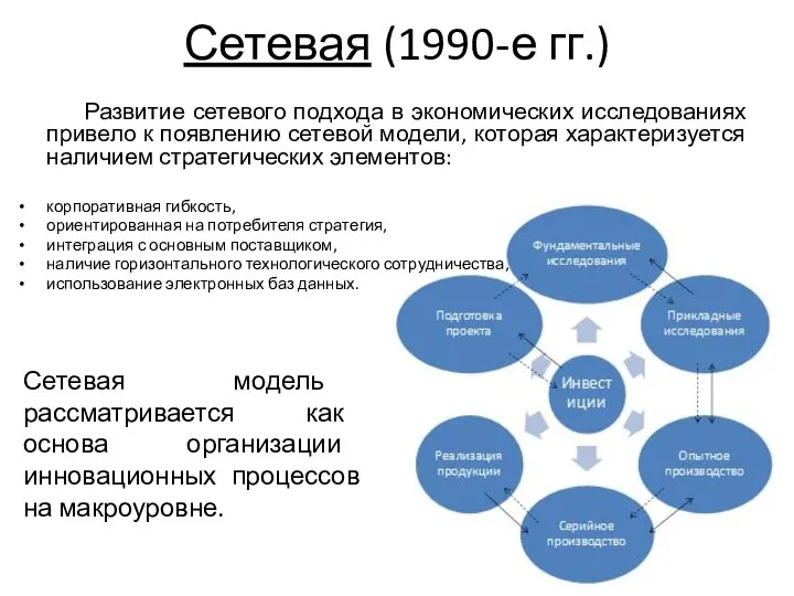 Сетевая (1990-е гг.) Сетевая модель рассматривается как основа организации инновационных процессов