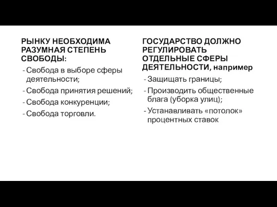 РЫНКУ НЕОБХОДИМА РАЗУМНАЯ СТЕПЕНЬ СВОБОДЫ: Свобода в выборе сферы деятельности; Свобода