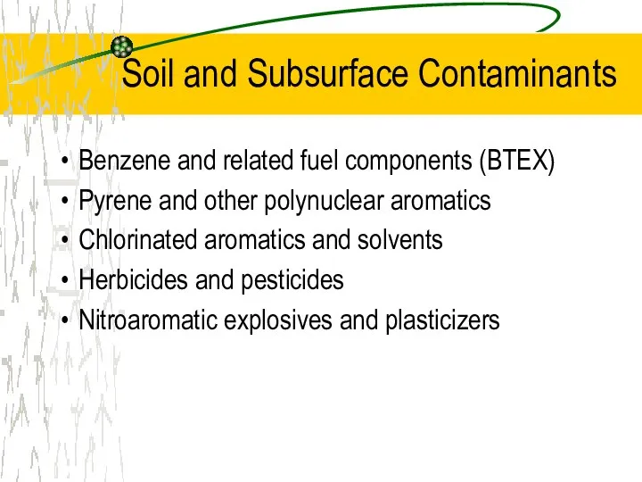 Soil and Subsurface Contaminants Benzene and related fuel components (BTEX) Pyrene