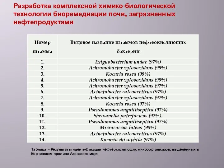 Разработка комплексной химико-биологической технологии биоремедиации почв, загрязненных нефтепродуктами Таблица - Результаты