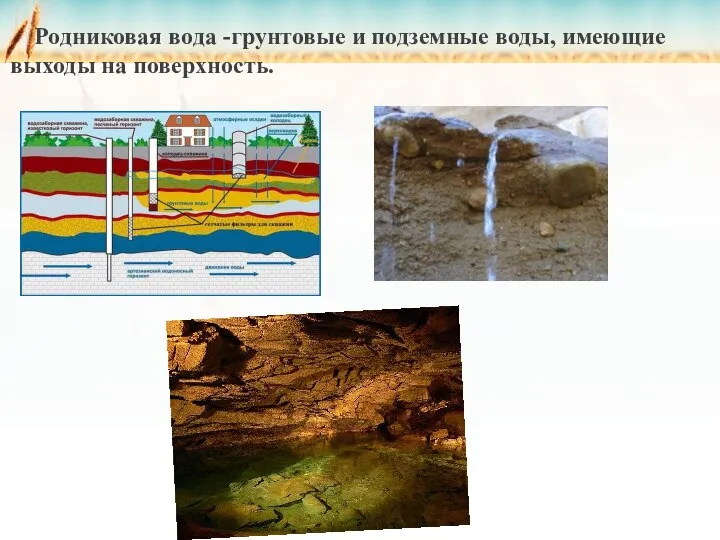 Родниковая вода -грунтовые и подземные воды, имеющие выходы на поверхность.