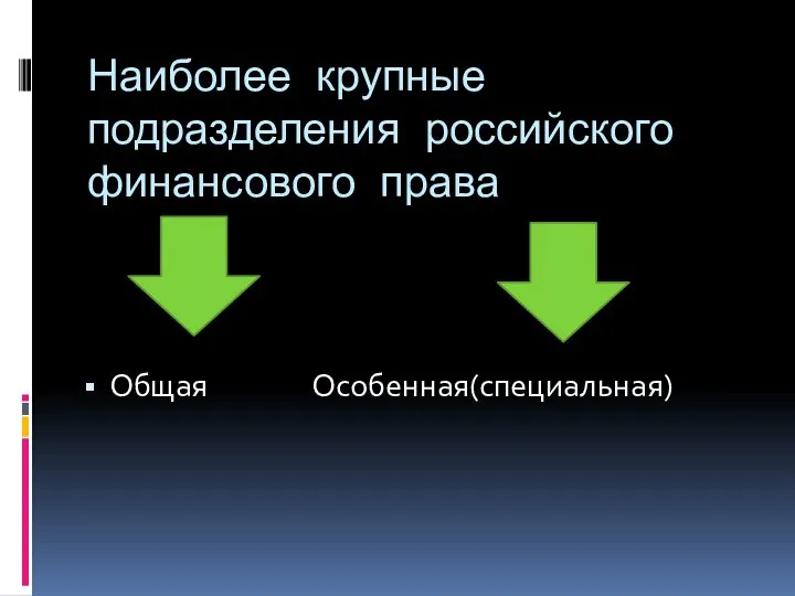 Наиболее крупные подразделения российского финансового права Общая Особенная(специальная)