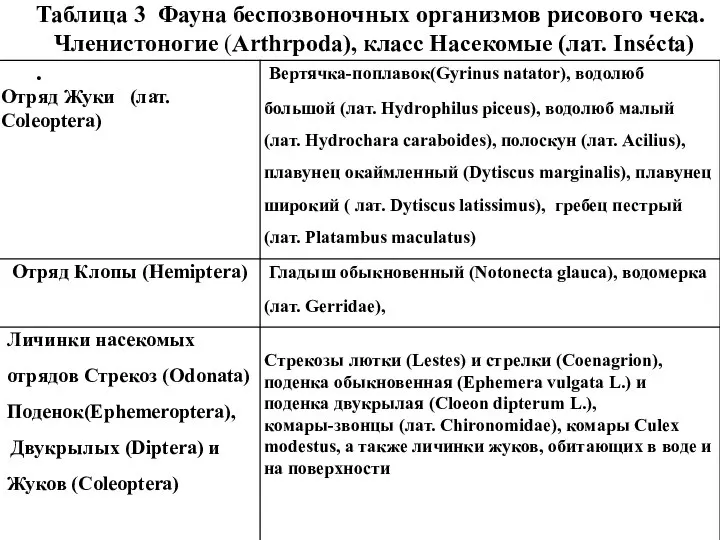 Таблица 3 Фауна беспозвоночных организмов рисового чека. Членистоногие (Arthrpoda), класс Насекомые (лат. Insécta) .