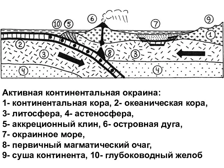 Активная континентальная окраина: 1- континентальная кора, 2- океаническая кора, 3- литосфера,