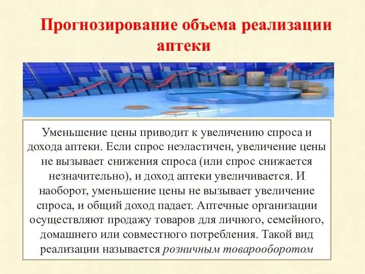 Прогнозирование объема реализации аптеки Уменьшение цены приводит к увеличению спроса и