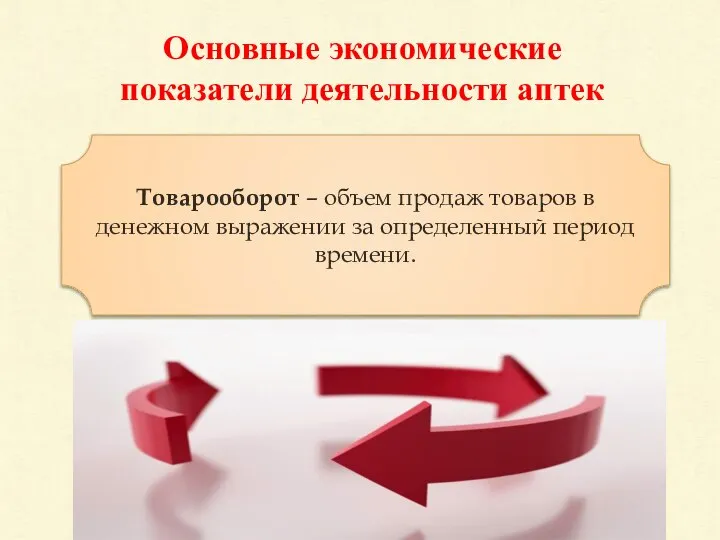 Основные экономические показатели деятельности аптек Товарооборот – объем продаж товаров в