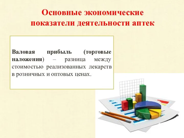 Основные экономические показатели деятельности аптек Валовая прибыль (торговые наложения) – разница