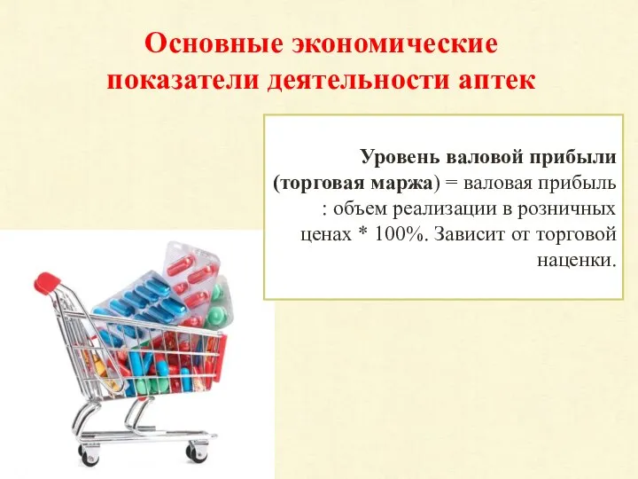 Основные экономические показатели деятельности аптек Уровень валовой прибыли (торговая маржа) =