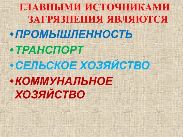 ГЛАВНЫМИ ИСТОЧНИКАМИ ЗАГРЯЗНЕНИЯ ЯВЛЯЮТСЯ ПРОМЫШЛЕННОСТЬ ТРАНСПОРТ СЕЛЬСКОЕ ХОЗЯЙСТВО КОММУНАЛЬНОЕ ХОЗЯЙСТВО