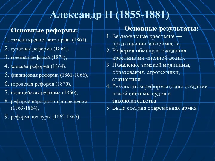Александр II (1855-1881) Основные реформы: отмена крепостного права (1861), судебная реформа