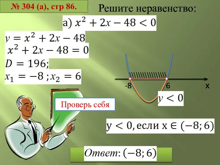 № 304 (а), стр 86. х -8 6 \\\\\\\\\\\\\\\\\ Решите неравенство: Проверь себя