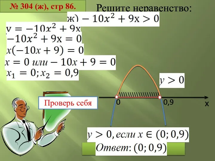 Решите неравенство: х 0 0,9 \\\\\\\\\\\\\\\\\\\ № 304 (ж), стр 86. Проверь себя