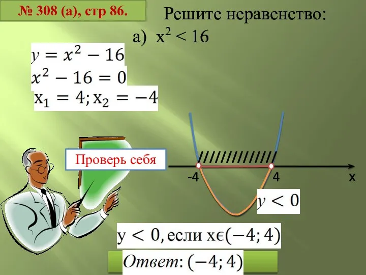 № 308 (а), стр 86. Решите неравенство: а) x2 х -4 4 ////////////// Проверь себя