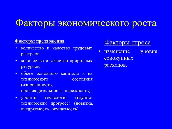 Факторы экономического роста Факторы предложения количество и качество трудовых ресурсов; количество