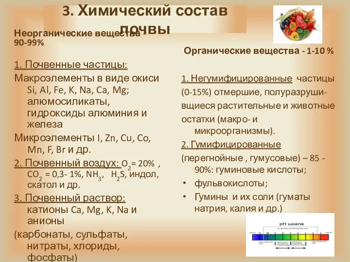 3. Химический состав почвы Неорганические вещества - 90-99% 1. Почвенные частицы: