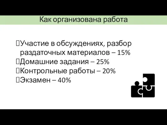 Как организована работа Участие в обсуждениях, разбор раздаточных материалов – 15%