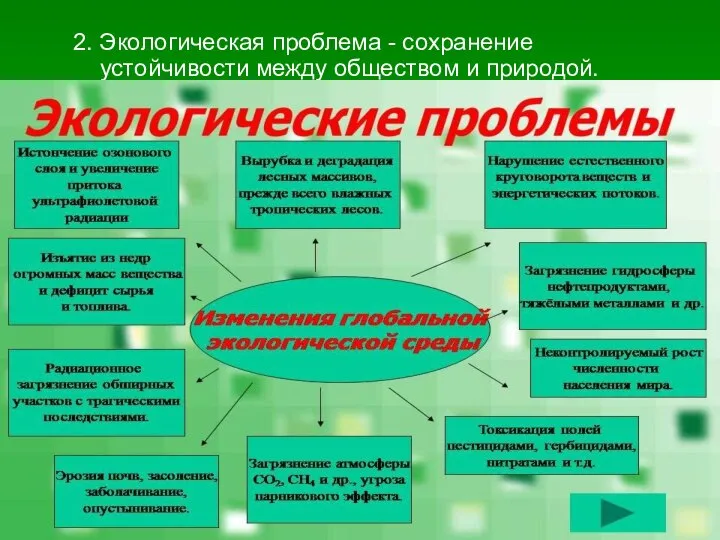 2. Экологическая проблема - сохранение устойчивости между обществом и природой.