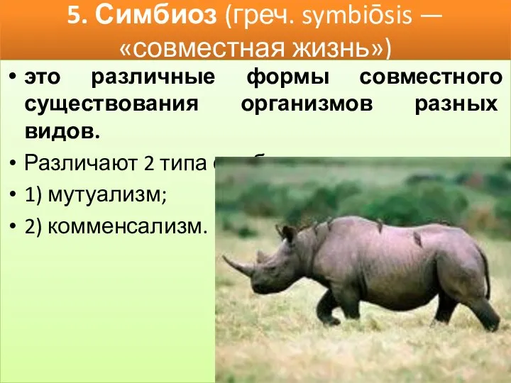 5. Симбиоз (греч. symbiōsis — «совместная жизнь») это различные формы совместного