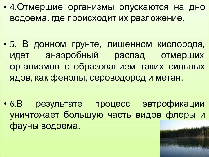 4.Отмершие организмы опускаются на дно водоема, где происходит их разложение. 5.