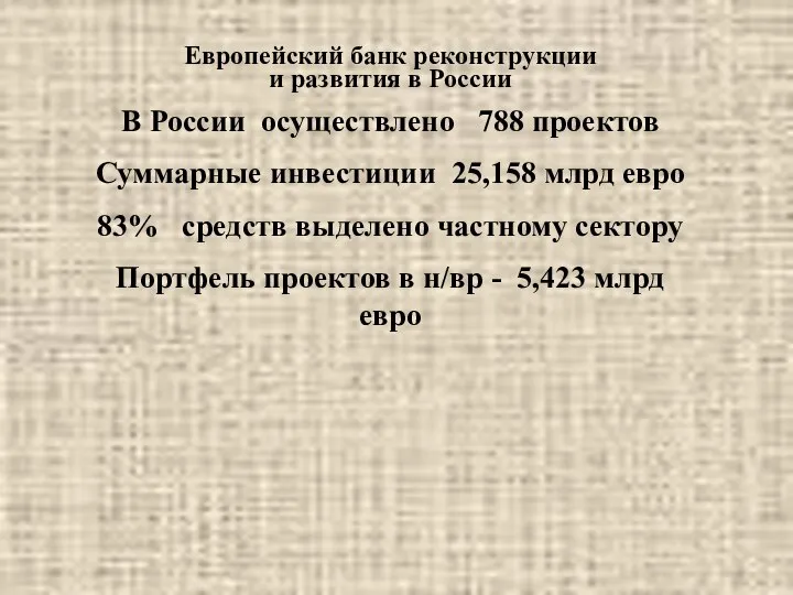 В России осуществлено 788 проектов Суммарные инвестиции 25,158 млрд евро 83%