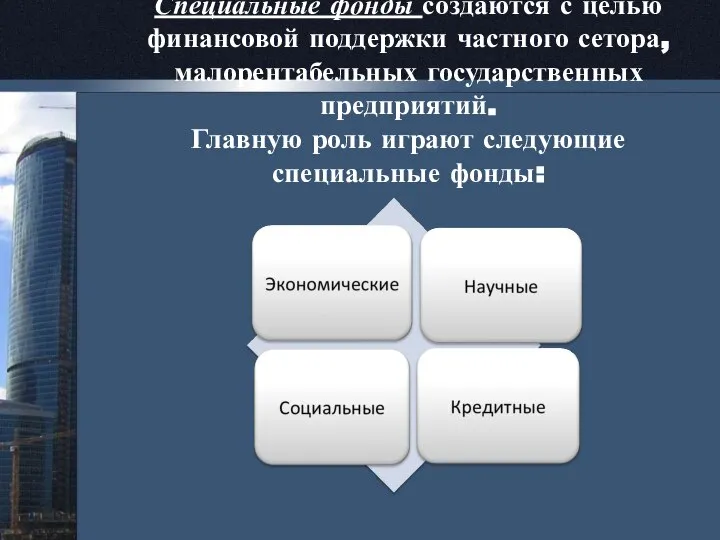 Специальные фонды создаются с целью финансовой поддержки частного сетора, малорентабельных государственных