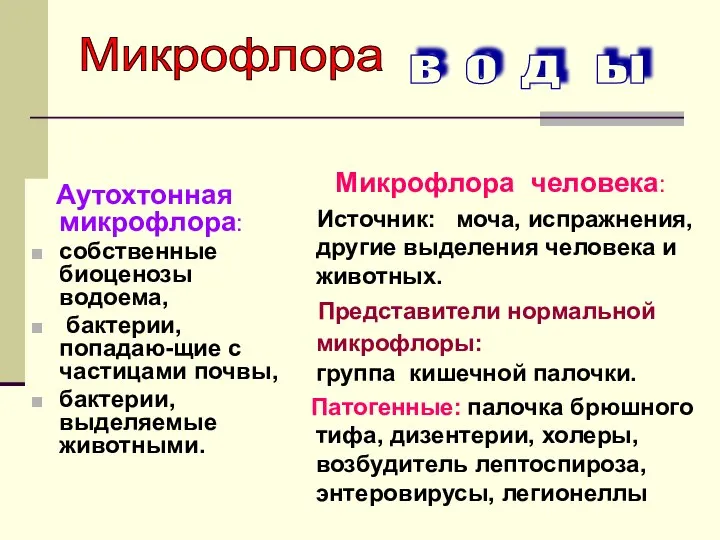 Аутохтонная микрофлора: собственные биоценозы водоема, бактерии, попадаю-щие с частицами почвы, бактерии,