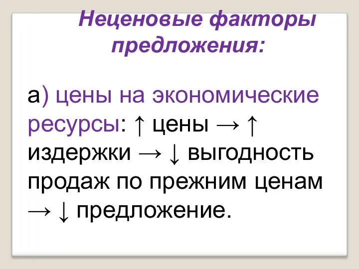 Неценовые факторы предложения: а) цены на экономические ресурсы: ↑ цены →