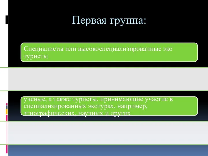 Первая группа: Специалисты или высокоспециализированные эко туристы ученые, а также туристы,