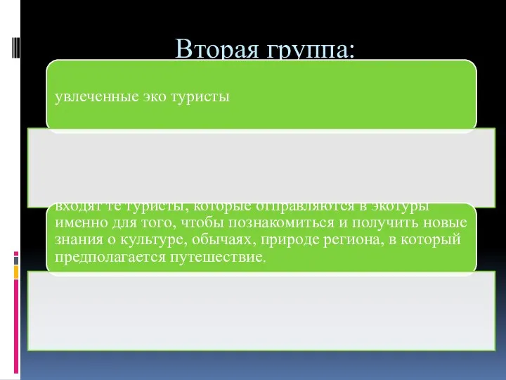 Вторая группа: увлеченные эко туристы входят те туристы, которые отправляются в