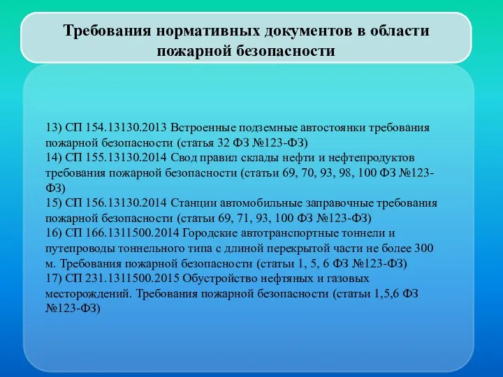 Требования нормативных документов в области пожарной безопасности 13) СП 154.13130.2013 Встроенные