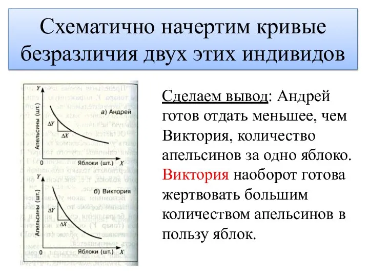 Схематично начертим кривые безразличия двух этих индивидов Сделаем вывод: Андрей готов