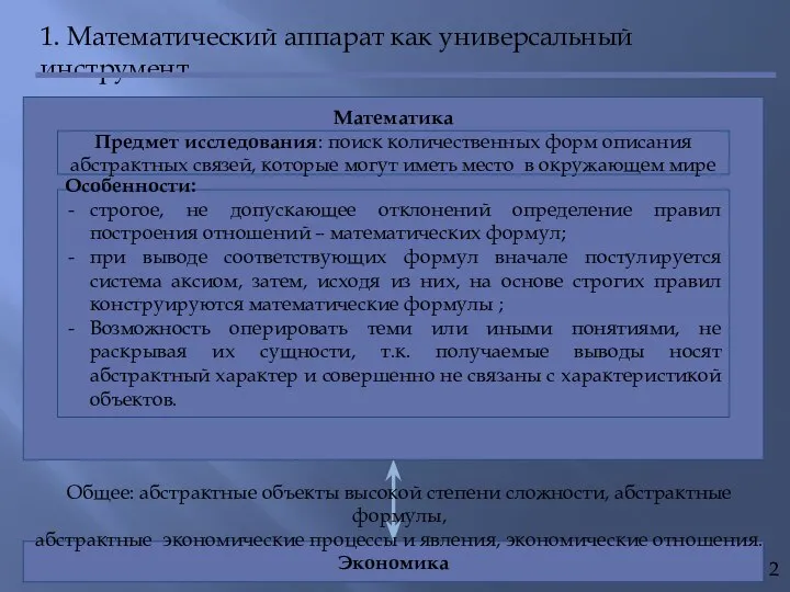 1. Математический аппарат как универсальный инструмент Экономика Общее: абстрактные объекты высокой