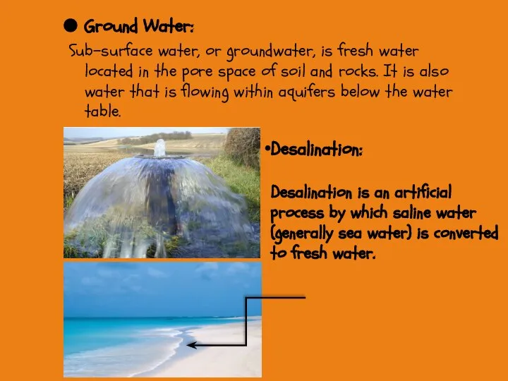 Ground Water: Sub-surface water, or groundwater, is fresh water located in