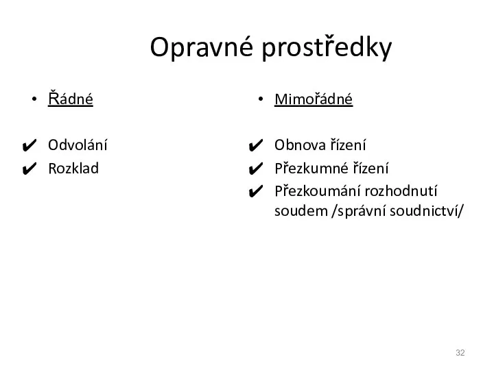 Opravné prostředky Řádné Odvolání Rozklad Mimořádné Obnova řízení Přezkumné řízení Přezkoumání rozhodnutí soudem /správní soudnictví/