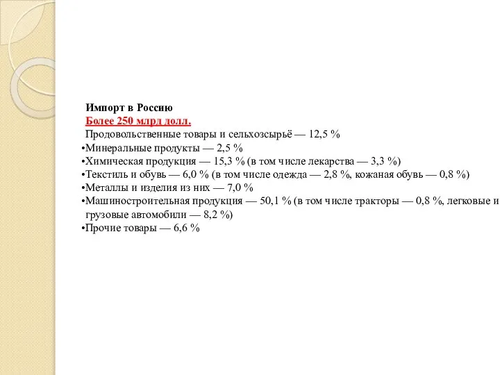 Импорт в Россию Более 250 млрд долл. Продовольственные товары и сельхозсырьё