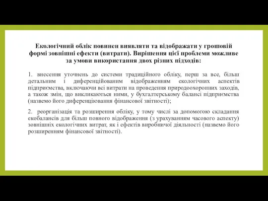 Екологічний облік повинен виявляти та відображати у грошовій формі зовнішні ефекти