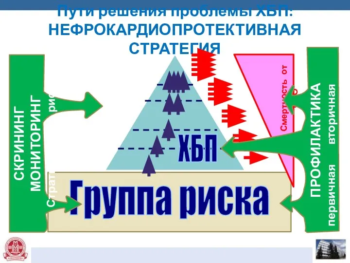 Пути решения проблемы ХБП: НЕФРОКАРДИОПРОТЕКТИВНАЯ СТРАТЕГИЯ СКРИНИНГ МОНИТОРИНГ Стратификация риска ПРОФИЛАКТИКА первичная вторичная