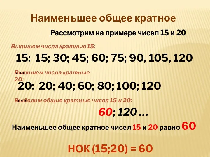 Наименьшее общее кратное Выпишем числа кратные 15: Рассмотрим на примере чисел