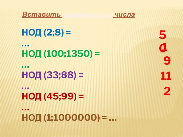 Вставить пропущенные числа НОД (2;8) = … НОД (100;1350) = …