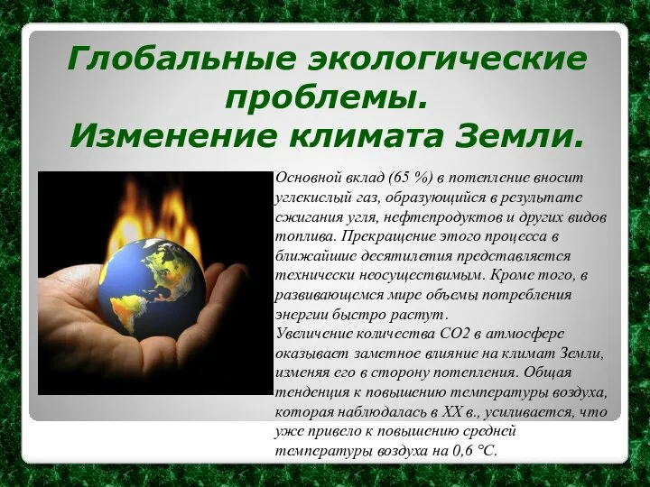 Глобальные экологические проблемы. Изменение климата Земли. Основной вклад (65 %) в