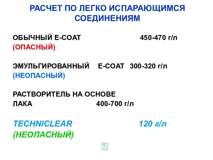 РАСЧЕТ ПО ЛЕГКО ИСПАРАЮЩИМСЯ СОЕДИНЕНИЯМ ОБЫЧНЫЙ E-COAT 450-470 г/л (ОПАСНЫЙ) ЭМУЛЬГИРОВАННЫЙ