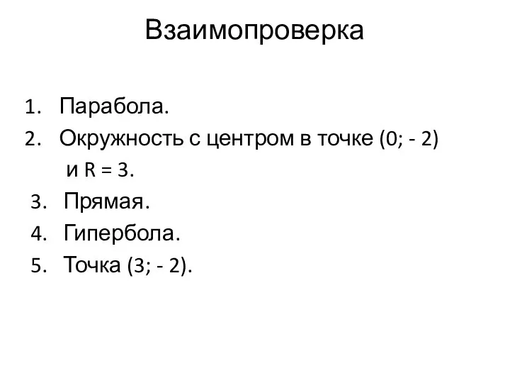 Взаимопроверка Парабола. Окружность с центром в точке (0; - 2) и