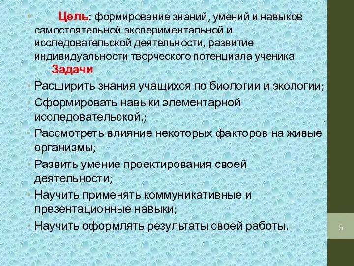 Цель: формирование знаний, умений и навыков самостоятельной экспериментальной и исследовательской деятельности,