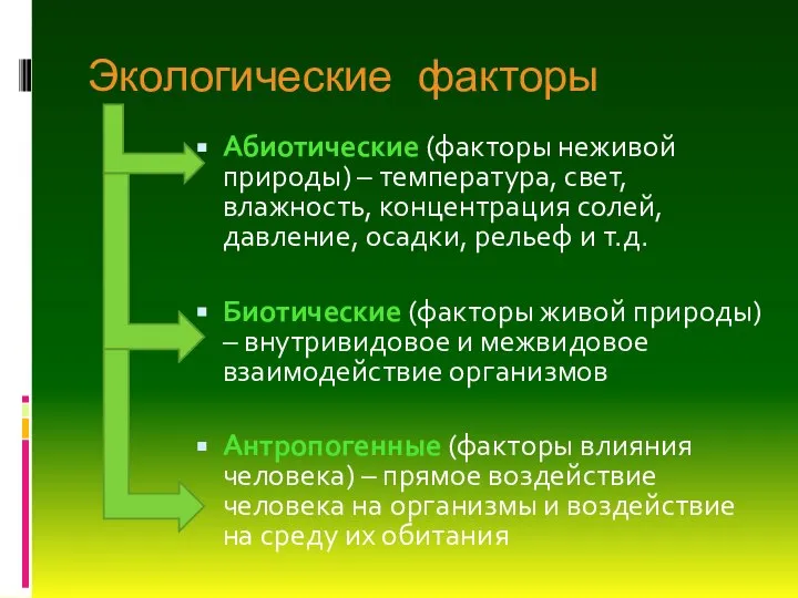 Экологические факторы Абиотические (факторы неживой природы) – температура, свет, влажность, концентрация