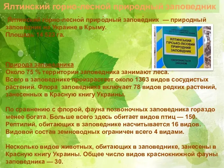 Ялтинский горно-лесной природный заповедник Я́лтинский го́рно-лесно́й приро́дный запове́дник — природный заповедник