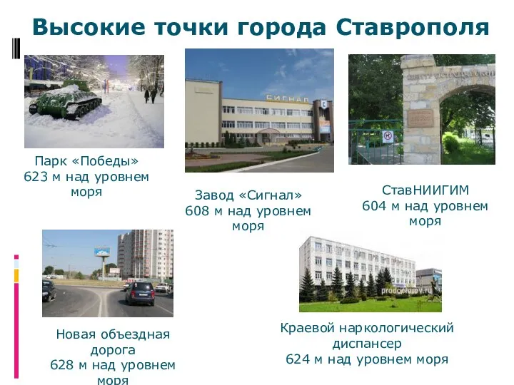 Высокие точки города Ставрополя Завод «Сигнал» 608 м над уровнем моря