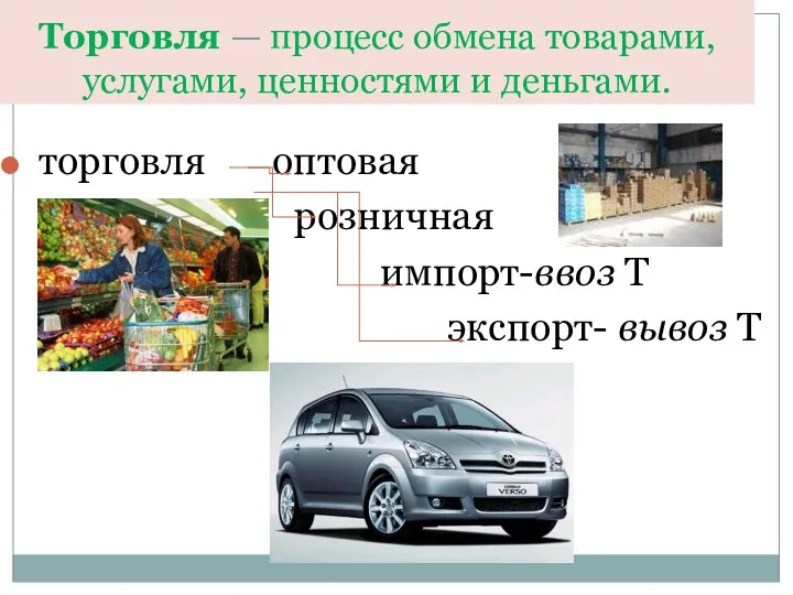 Торговля — процесс обмена товарами, услугами, ценностями и деньгами. торговля оптовая