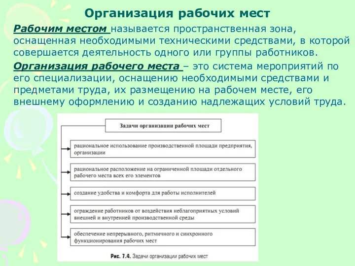 Организация рабочих мест Рабочим местом называется пространственная зона, оснащенная необходимыми техническими