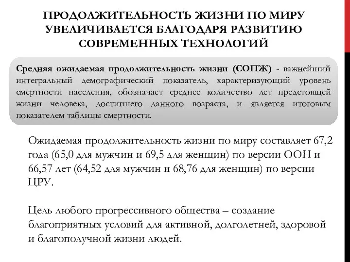 ПРОДОЛЖИТЕЛЬНОСТЬ ЖИЗНИ ПО МИРУ УВЕЛИЧИВАЕТСЯ БЛАГОДАРЯ РАЗВИТИЮ СОВРЕМЕННЫХ ТЕХНОЛОГИЙ Ожидаемая продолжительность